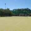 Campo da tennis con rete e alberi intorno.