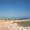 Spiaggia con ombrelloni gialli e verdi.